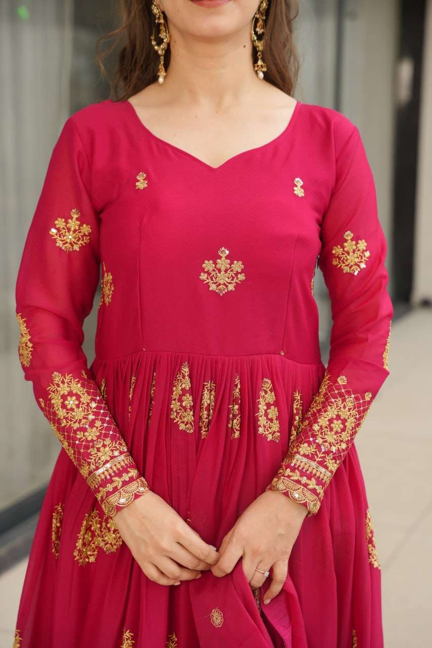 Women’s Ethnic Anarkali Style Floor-Length Gown in Magenta with Golden Zari Embroidery – Festive & Wedding Wear - Image 9